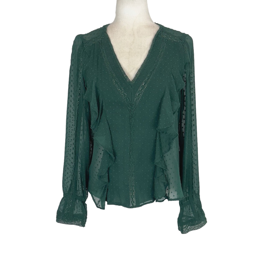 Zara green swiss dot ruffle blouse